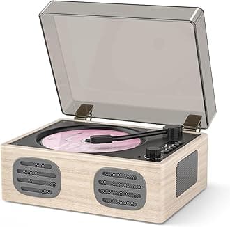Portable Retro CD Player with Bluetooth Transmitter and Dual HiFi Speakers, LED Screen, Desktop Vintage Nostalgic Rechargeable CD Music Player for Home, Grey Wooden