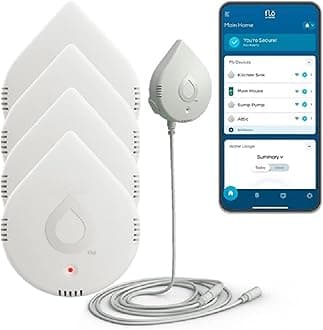 Moen Flo Smart Water Leak Detector, White, 4-Pack 920-005 + 2-Pack 6-Foot Leak Sensing Cable