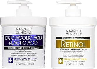 Retinol Body Cream Moisturizer + Exfoliating 10% Glycolic Acid & Lactic Acid Lotion 2PC Skincare Set For Women & Men To Reduce Appearance Of Crepey Skin & Uneven Rough Skin Texture