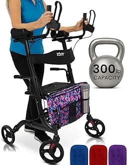 Vive Mobility Upright Walker with Seat, for Seniors, Women - Stand Up Rollator, Arm Rests, Heavy Duty, Folding Medical Aid Scooter for Elderly, Seniors - Walking Foldable Assist (Black, Floral Bag)