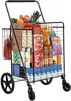 YITAHOME Folding Shopping Cart with Wheels, Rolling Foldable Grocery Cart with Versatile Rear Basket, Portable Collapsible Utility Cart for Shopping Groceries Laundry Storage Organizer