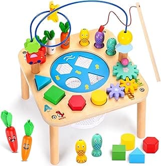 oathx Activity Table for 1 Year Old, 6 in 1 Wooden Montessori Activity Center with Bead Maze Shape Sorter Fishing Game, Kids Sensory Play Table Toddler Toys 1st Birthday Gifts Boy Girl