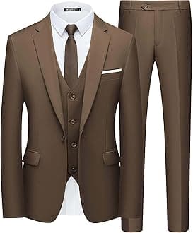 WULFUL Men’s Slim Fit Suit One Button 3-Piece Blazer Dress Business Wedding Party Jacket Vest & Pant