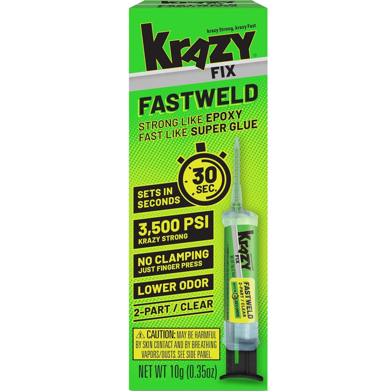 Krazy Fix Fast Weld, 2 Part Clear Epoxy Glue, Permanent Bond Sets in 30 Seconds, Strong Like Epoxy Fast Like Super Glue, Low Odor Clear Adhesive Liquid, 0.35 oz Syringe