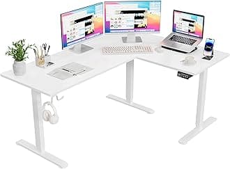 Furmax 63 x 48 Inch L Shaped Standing Desk with 2 Preset Heights, Electric Height Adjustable Computer Table, 2 Hooks & Feet Balance, Corner Sit Stand Desk for Home Office (White)