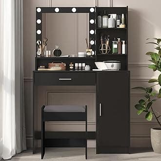 Vanity Desk with Mirror & Light, Large Drawer & Three Level Storage Dresser, 3 Lighting Modes Adjustable Brightness, Bedroom Dressing Table (Black with Stool), 41