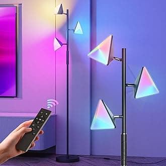 QiMH RGB Floor Lamp for Living Room, 36W LED Standing Lamp with 3 Lights, Dimmable Smart Lamp with Remote & Touch Control, Colors Changing& DIY Mode, Modern Tree Tall Lamp for Bedroom, Black