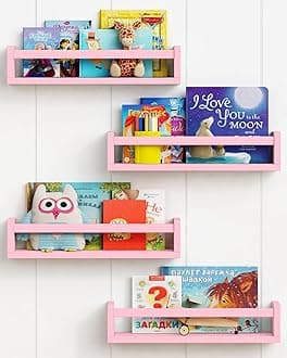 Floating Nursery Book Shelves for Wall Set of 4, White Wall Bookshelf for Kids Room, Small Wood Book Shelf Wall Mounted for Teen Girls Bedoom Bathroom (Pink)