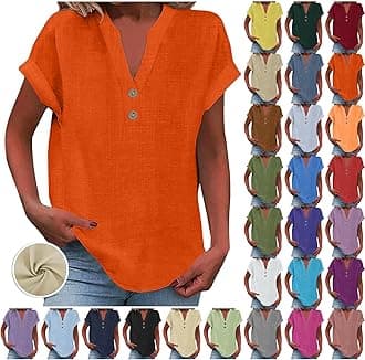 Yinguo Ladies Tops 2025 Women's Summer Cotton Linen Cap Sleeve T-Shirt Button V Neck Tunic Tops Fashion Baggy Solid Plain Shirts Trendy Blouse 1