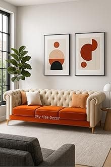 Modern Classic Sofa Couch Fabric & Valvet Tufted Chesterfield Sofa Living Room and Office (Orange & Beige 3 Seater)