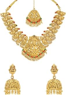 Yellow Chimes Jewellery Set for Women Gold Plated Traditional Temple Jewelry Set Antique Necklace Set with Earrings and Maangtikka for Women and Girls