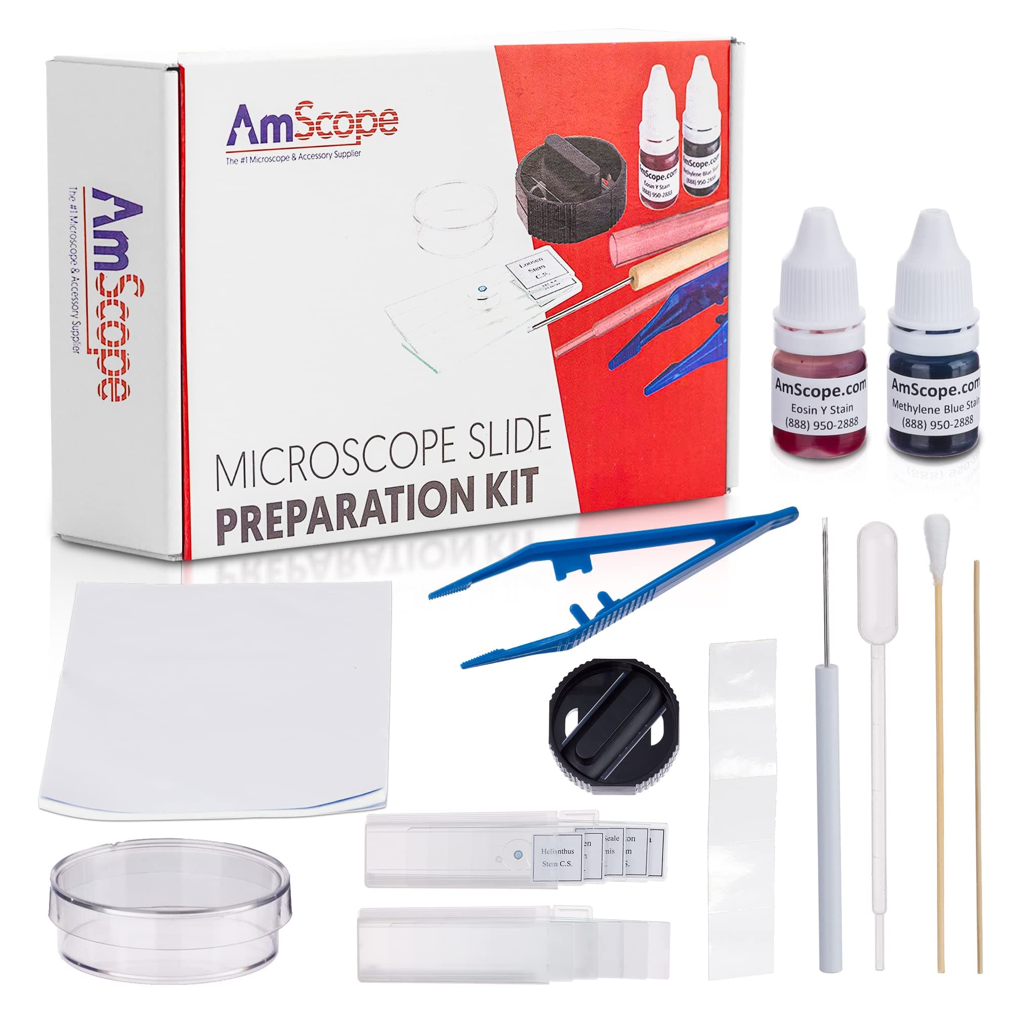 Microscope Slide Preparation Kit - Includes Blank Microscope Slides, Eosin Red & Methylene Blue Stain Powders, Tweezers, Swab & More - 22-Piece Kit