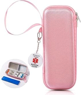 EpiPen Medical Carrying Case, Epi Pens Carrying Case for Travel, Medication Organizer Bag, Fits 2 EpiPens, Asthma Inhaler, Allergy Medicine, With Ice Pack, Programmable NFC Medical Warning Tags (Pink)