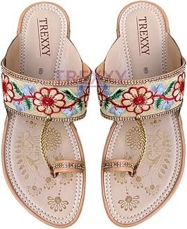 Kolhapuri Embroidered Chappal for Women | Flat Fashion Sandals | Ethnic Slippers for Girls | Ethnic Flat Sandals | Toe-Ring Festive Slippers | Slip On Ethnic Flats Chappal