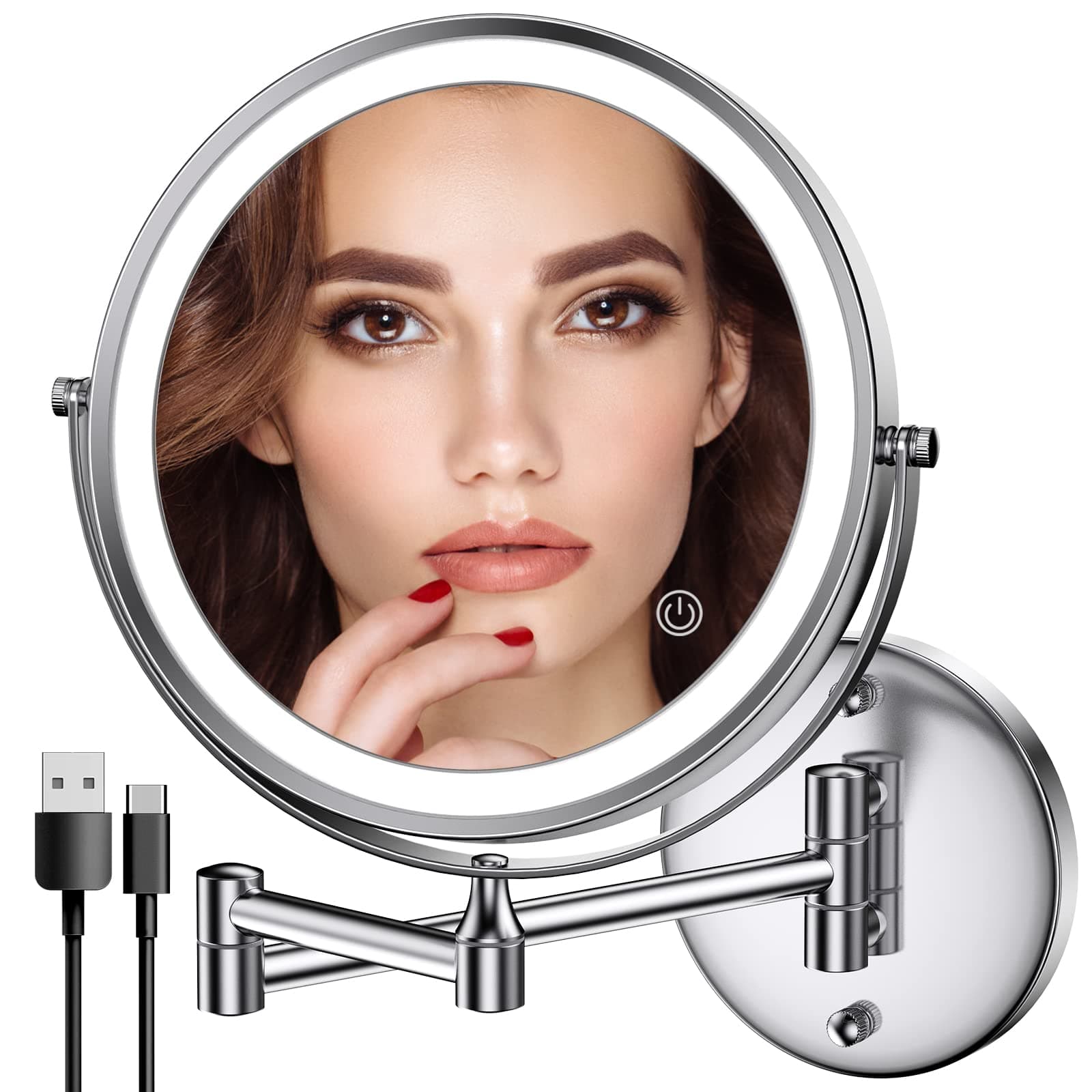 Upgraded Base Version Rechargeable Wall Mounted Lighted Makeup Mirror Chrome with 3 Color Lights,Dimmable Touch Screen,8 Inch LED Double Sided 1X/10X Magnifying (Chrome)