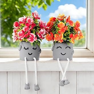 Zerzsy 2 Pack Cute Artifical Plants Fake Flowers in Cement Pots Bathroom Shelf Small Plants Decor - Artificial Greenery Potted Plants for Home Spring Home Office Decorations