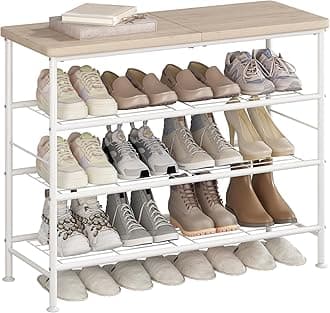 SUOERNUO Shoe Rack Organizer 4 Tier for Closet Entryway Free Standing Metal Storage Shoe Shelf with MDF Top Board，White+Oak
