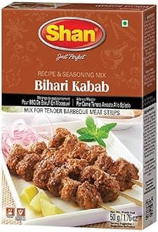 Shan Bihari Kabab Recipe and Seasoning Mix 1.76 oz (50g) - Spice Powder for Tender Barbecue Meat Strips - Suitable for Vegetarians - Airtight Bag in a Box