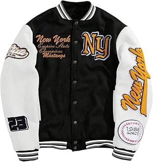 GORGLITTER Men's Letter Graphic Varsity Jacket Long Sleeve Striped Trim Button Bomber Jackets