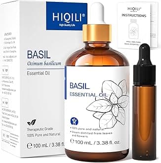 HIQILI Basil Essential Oil, 100% Pure & Natural, Diffuser in Bedroom, Yoga, Mediation for Calming Relaxation Mood, Hair Growth, Body Massage, DIY Sweet Herbal Scented Soap Gifts- 100ML