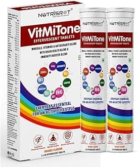 - VitMiTone Multivitamin Effervescent Tablets with Vitamin A, B12, C, D, B Complex, Biotin, Folate| Minerals-Calcium, Magnesium, Iron & Zinc| Helps Boost Immunity & Brain Health| Full of Antioxidants in Orange Flavour(2x20)