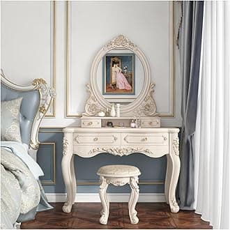 Victorian White Vanity Desk 80cm, Baroque Makeup Table with Drawers and LED Oval Mirror, Upholstered Stool, Dressing Table for Princess Women Girls