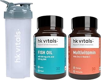 Fish Oil and Multivitamin (30 Tablets Each) | 1000mg Omega 3 with 180mg EPA & 120mg DHA | Combo Pack with Shaker, 650ml