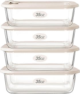 Glass Food Storage Containers with Glass Lids, Microwave Safe Food Container Set, Airtight Food Container Set, LeakProof, 100% Plastic Free, White Color, 4pack