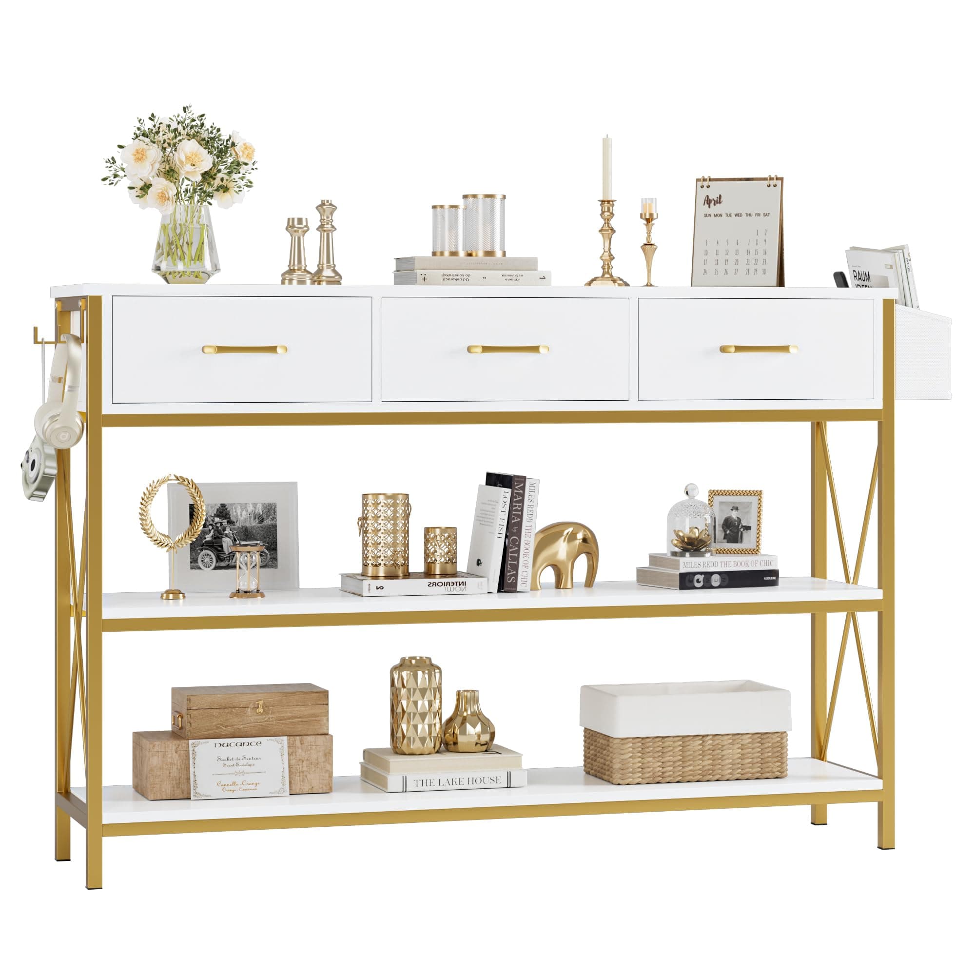 HITHOS 47.2" Console Table with 3 Drawers, Narrow Long Entryway Table with 3-Tier Storage Shelves, Industrial Sofa Foyer Table for Living Room, Hallway, Entry Way, Foyer, Kitchen, White/Gold
