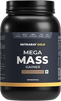 Nutrabay Gold Mega Mass Gainer Powder - 1kg, Rich Chocolate Creme | 100% Veg | 40.7g Protein, 122g Carbs, 714 Calories | Muscle Building & Weight Gainer Supplement for Men & Women