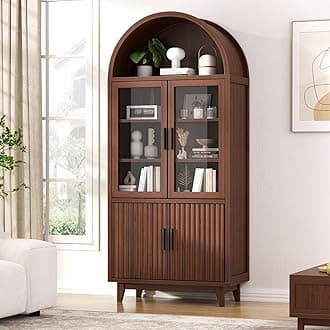 71" Tall Arched Cabinet with Glass Doors, Fluted Pantry Cabinet with Solid Wood Legs, Modern Accent Furniture for Living Room, Kitchen, Dining Room, Entryway, Walnut