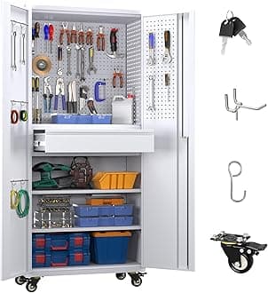 SUXXAN 71" Metal Garage Storage Cabinet with 16 Hooks and Pegboards,1 Drawer Inside Rolling Tool Storage Cabinet with Adjustable Shelves,3 Metal Hanging Rod for Garage,Warehouse(White)