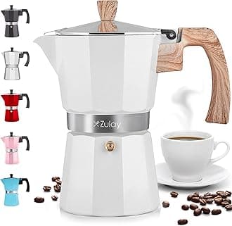 Zulay Classic Stovetop Espresso Maker for Great Flavored Strong Espresso, Classic Italian Style 5.5 Espresso Cup Moka Pot, Makes Delicious Coffee, Easy to Operate & Quick Cleanup Pot (White)