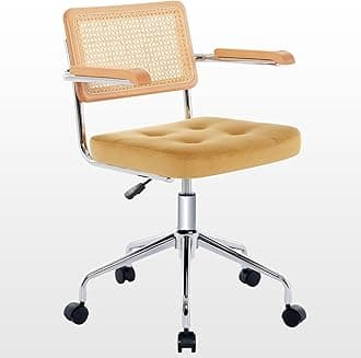 Zesthouse Modern Home Office Chair Velvet Desk Chair with Natural Rattan Back, Vanity Chair for Girls Women, Upholstered Tufted Swivel Armchair, Height Adjustable Computer Task Chair, Yellow