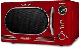 Nostalgia Retro Countertop Microwave Oven - 1.1 Cu Ft & 1000 Watt Power- Easy to Clean with Removable Glass Turntable - Child Safety Lock - 12 Programs - Digital Clock - Red