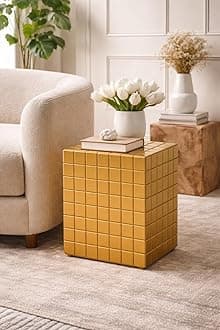Tiled Cube Accent Bedside Table Coffee Stand Home Storage Organizer For Living Room Bedroom (, Golden, Engineered Wood)