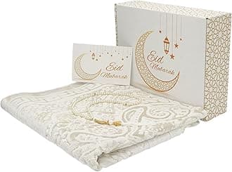 Modefa Muslim Prayer Rug Islam - Ramadan Gifts Set with Prayer Mat & Tasbih Prayer Beads - Soft Plush Islamic Gifts for Women Muslim Gifts for Men - Luxury Velvet Gift Box Set (Paisley Vanilla White)