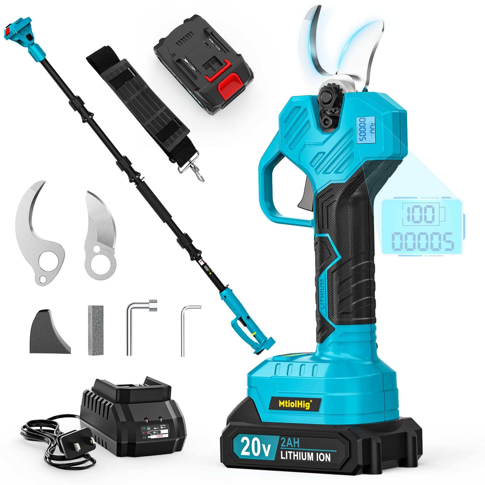 2 in 1 Brushless Pole Electric Pruning Shears with 2 x Rechargeable Batteries, 13 Ft Total Reach Electric Cordless Pole Pruner, 0.8-2 Inch Pole Scissors for Garden Tools