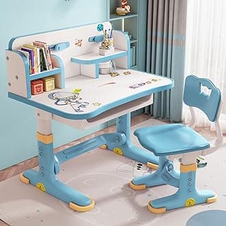 Kids Desk and Chair Set,Height Adjustable Student Study Table with Drawable Desktop,Book Stand,Bookshelf,Drawer,for Writing Reading Drawing,Study Desk Study Table and Chair for Boys Girls (Blue)