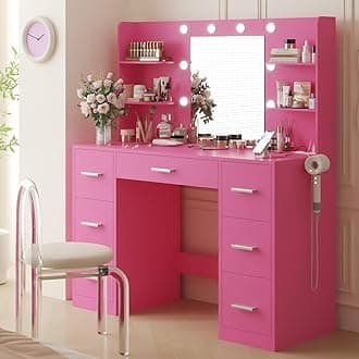 YESHOMY Vanity Desk with Mirror, Power Outlet and 10 Lights, Makeup Table with 7 Drawers, 3 Color Modes Available for Bedroom, Rose Pink