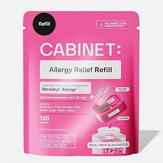 Cabinet: Diphenhydramine 25mg Allergy Relief Antihistamine Tablets for Allergies, Hay Fever, and Runny Nose, 120 Tablets (Refill Pouch)