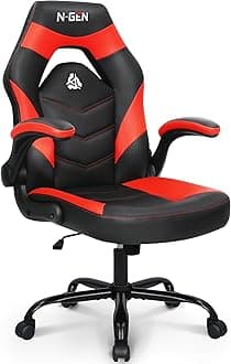 N-GEN Video Gaming Chair Ergonomic Computer Desk Office Chair with Lumbar Support Adjustable Height Swivel Wheels Flip-Up Arms PU Leather Home and Office (Red)