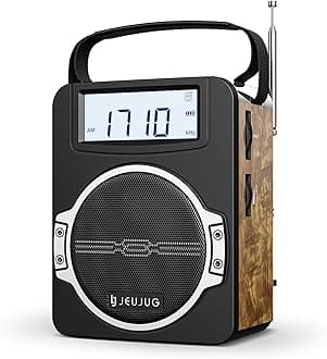 JEUJUG Portable AM FM Radio Digital Radios Clock Radio with Bluetooth 5 Watt Rechargeable Speaker AM FM Radios Plug in Wall Battery Operated Best Reception for Home Outdoor