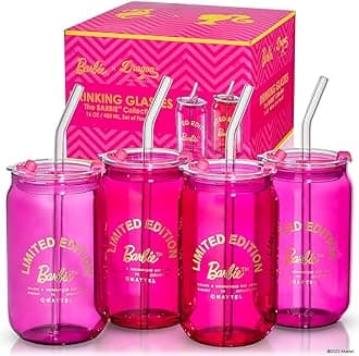 x Barbie Drinking Glasses - 16 oz Pink and Magenta Barbie Cups Set of 4 - Can Shaped Glass Cups with Lids and Straws - Sipper Tumbler with Straw and Lid