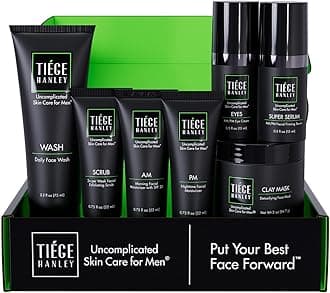 Tiege Hanley Skin Care Set for Men, Revitalization Routine, System Level 4, Face Wash, Scrub, Moisturizers, Eye Cream, Serum, & Clay Mask for Healthy, Hydrated Skin, Men’s Skin Care, 7 Piece Kit