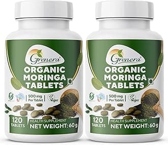 Grenera Organic Moringa Tablets (120 nos x 2 Bottles), Drumstick Leaf Powder Tablet, Super-Food Shigru, Vegan, Gluten Free, Non GMO