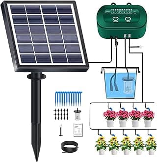 Lewisia 2W Solar Automatic Drip Irrigation Kit with Timer Auto Watering System Solar Powered Auto-Irrigation Set for Garden Beds Patio Lawn Plants Greenhouse Flower 50FT for 15 Plants