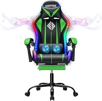 HOFFREE RGB Gaming Chair with Speakers Massage Computer Gaming Chair with LED Lights and Footrest High Back Video Game Chair for Adults Green and Black