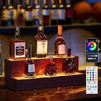 LED Spirit Bottle Display Shelf, 3 Step Freestanding Bar Shelf with App & Remote Control, Illuminated Drinks Rack, Walnut Finish (Walnut, 2 Tier-51cm)