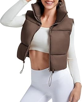 Women's Winter Cropped Puffer Vest Crop Jackets For Women Full Zip Stand Collar Padded Lightweight Outwear Vest